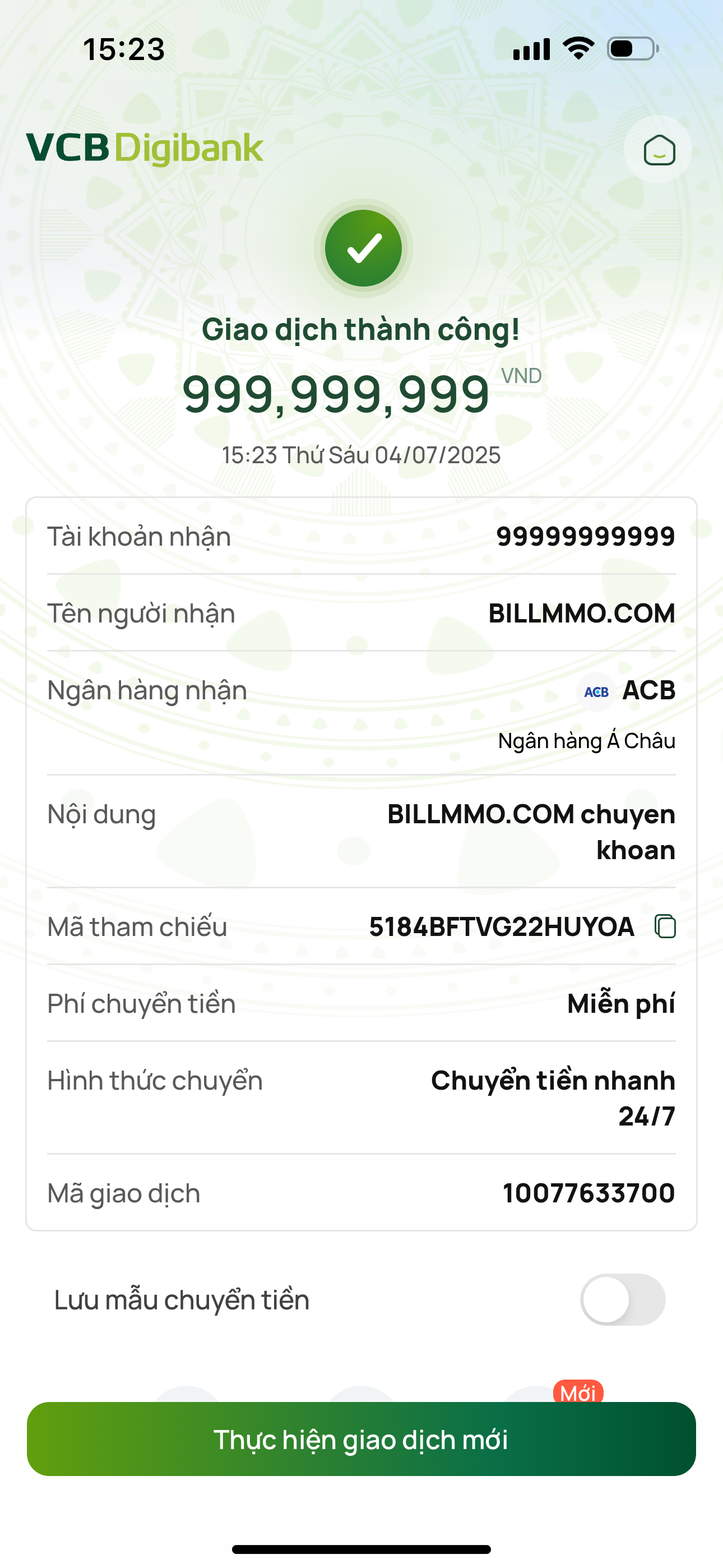 Fake bill VCB Digibank chuyển khoản 999 triệu thành công
