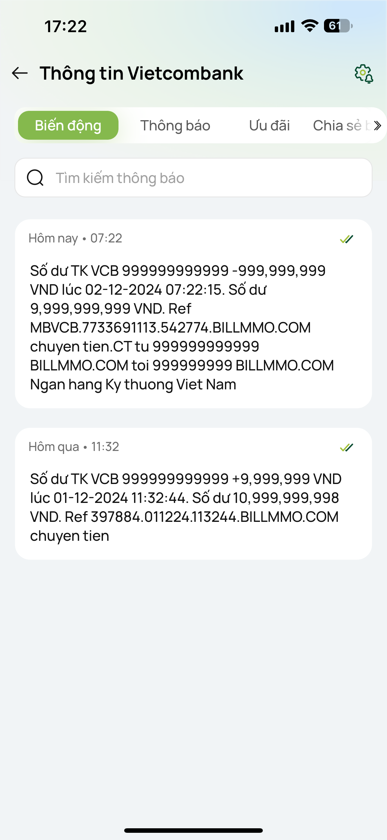 Fake bill biến động số dư Vietcombank Digibank realtime