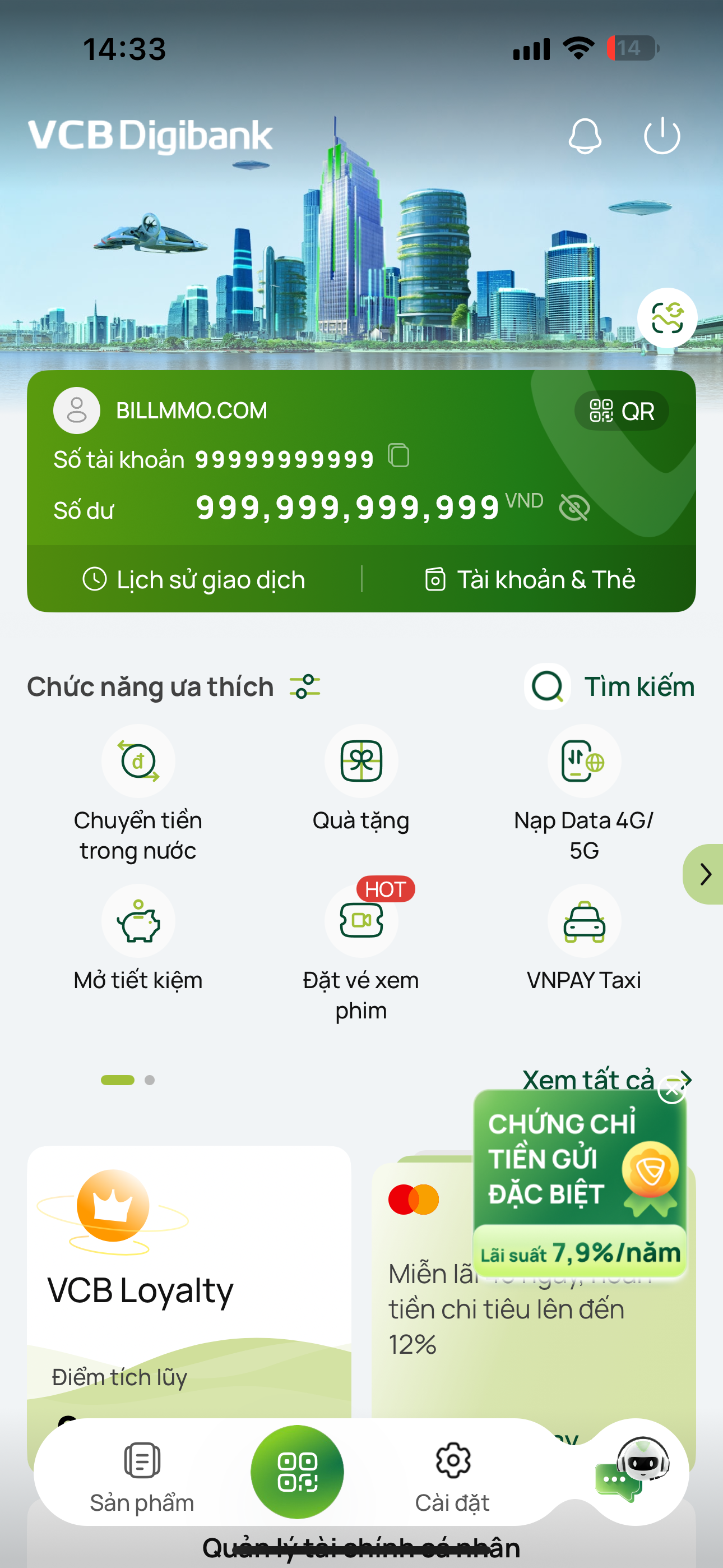 Fake bill số dư VCB Digibank 999 tỷ trên app